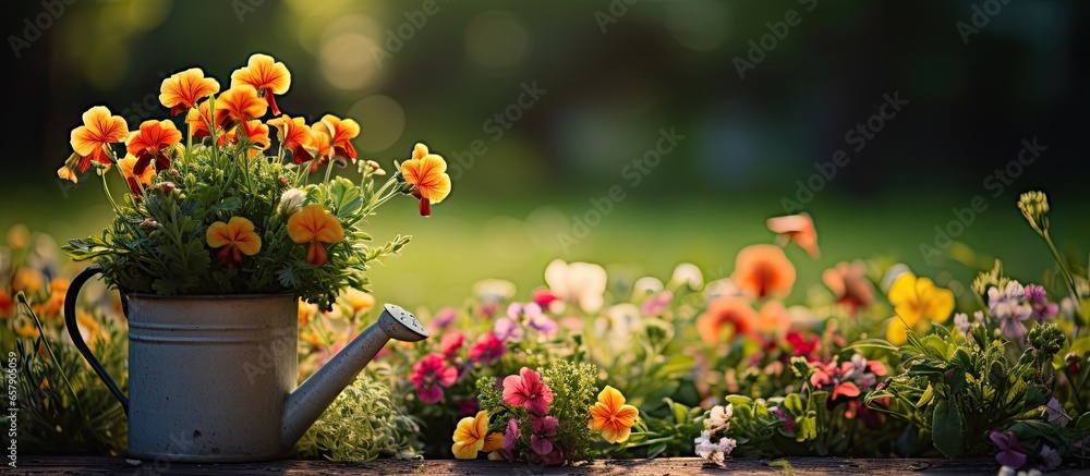 Gardening at home with flowers in a pot and tools on grass