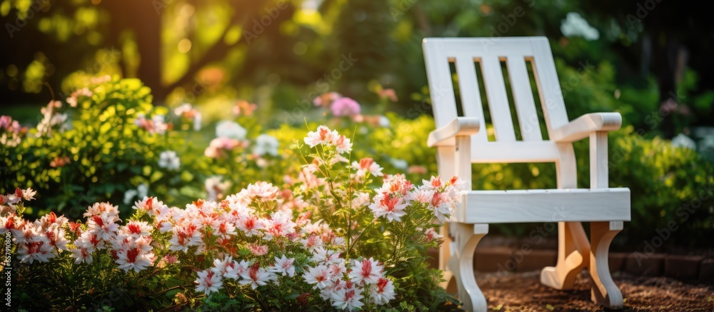 Summer wood chair in flower garden