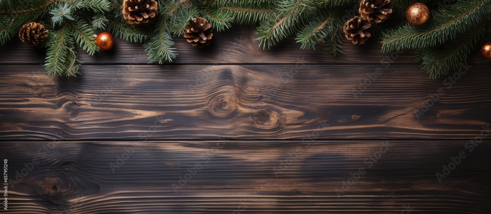 Decorated Christmas tree on a wooden surface