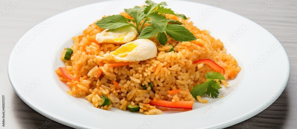 Quick and easy Thai fried rice with egg carrot on a white plate