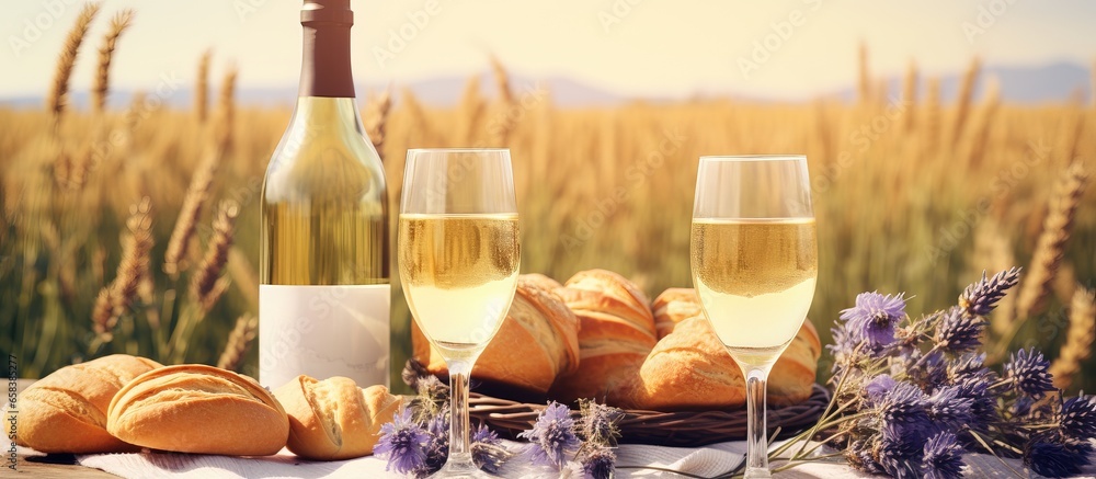 Picnic in Provence France glasses of wine lavender field straw hat flowers croissants berries on a white blanket