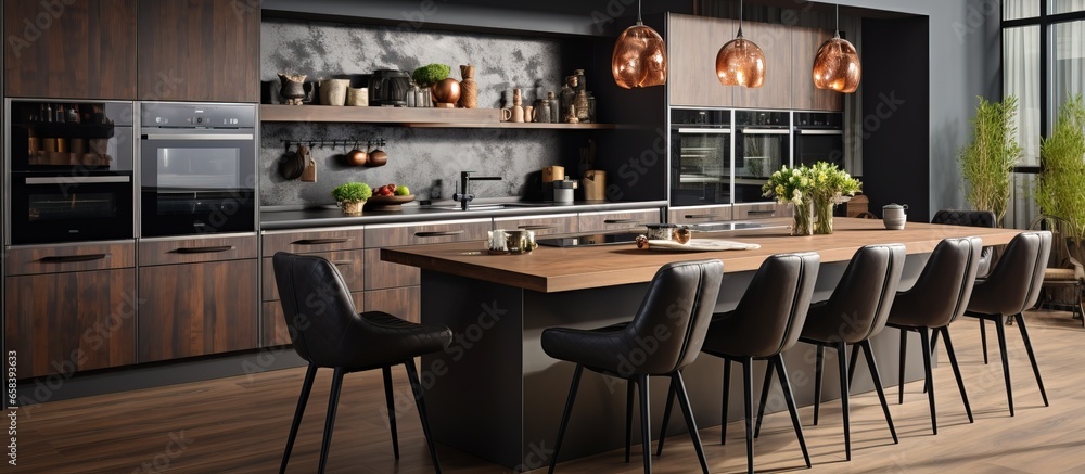 Vertical photo of contemporary kitchen with high end furniture wood cabinets countertop and household appliances Bar stools by dining table in apartment with loft style decor