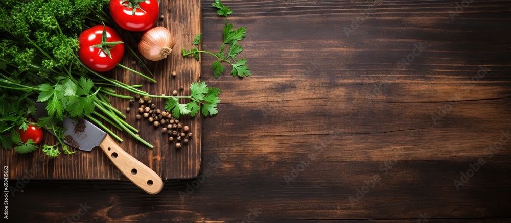Vegetarian food concept with cooking utensils and vegetables on a wooden background