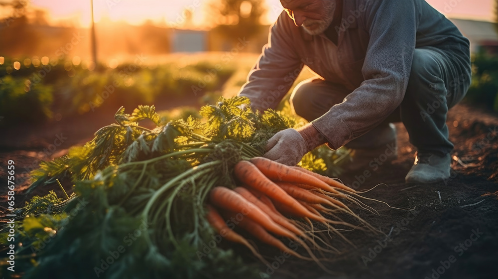 A farmer picked carrots on the soil in a field, agriculture, carrot farming. Generative Ai