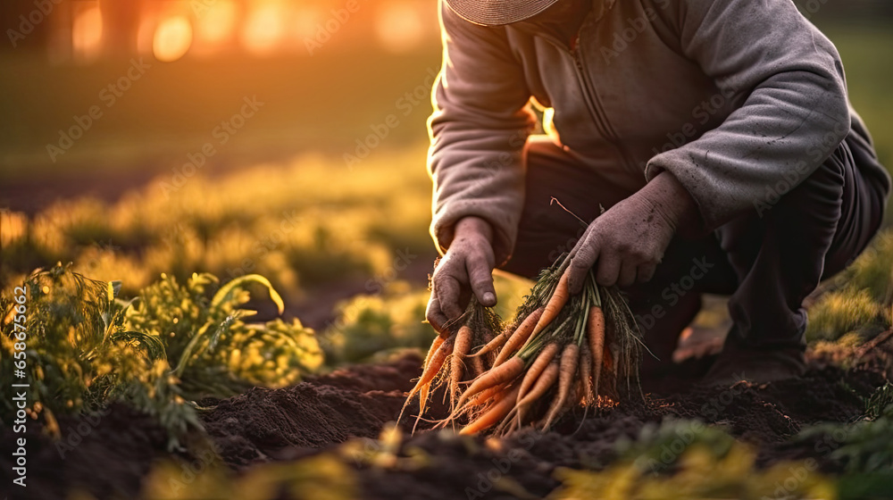 A farmer picked carrots on the soil in a field, agriculture, carrot farming. Generative Ai