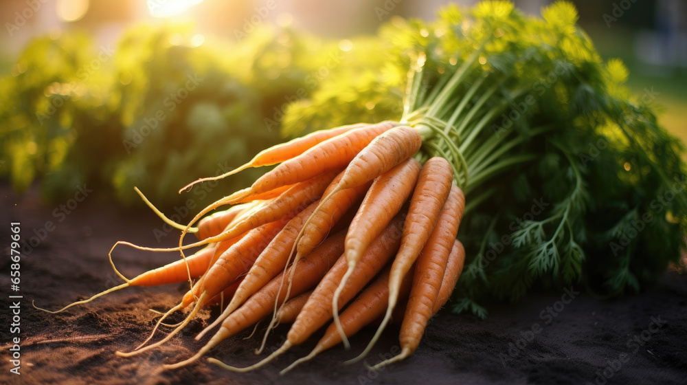 Beautiful carrots, fresh carrots bunch in field. Generative Ai