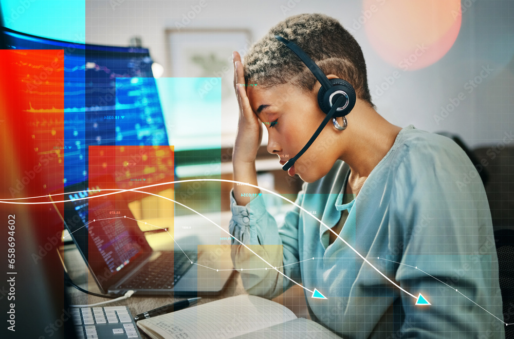 Graphic, tired headache and a woman at a call center for big data stress or telemarketing burnout. Fatigue, contact us and overlay or a customer service employee with anxiety from online support