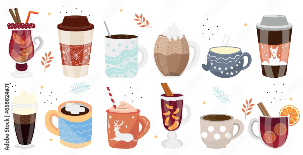 Collection of hot winter drinks on white background