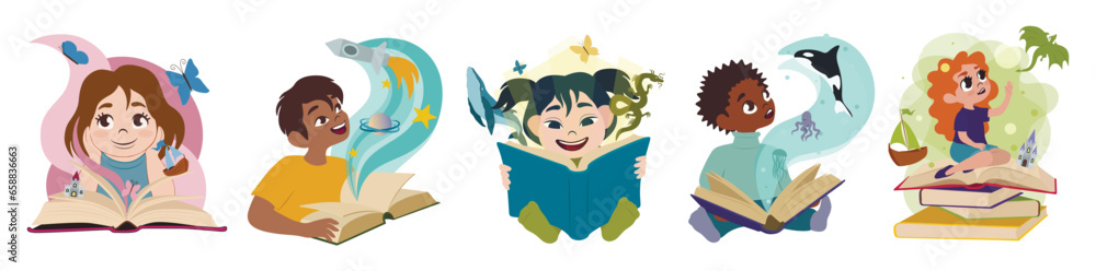 Set of little children with magic books on white background