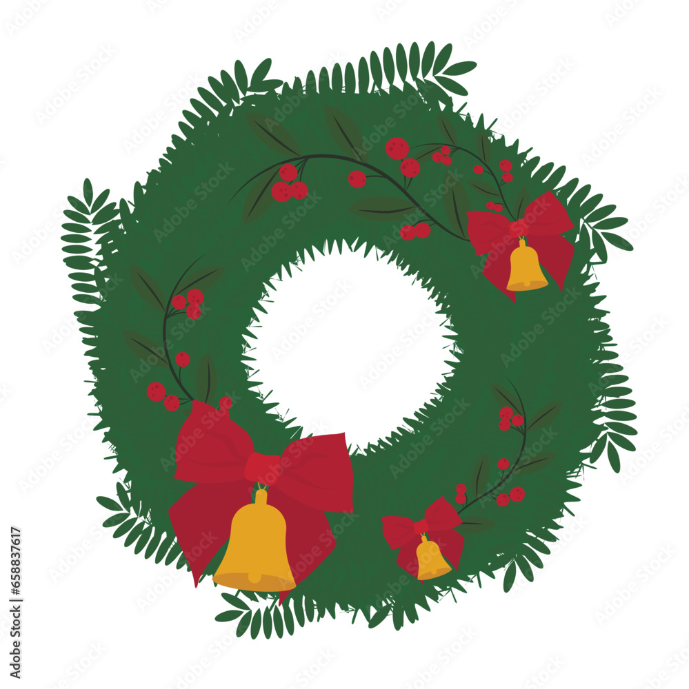 Christmas wreath with jingle bells on white background