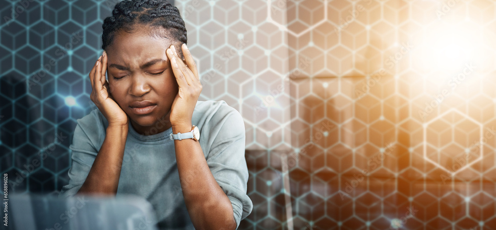 Woman, headache and overlay with stress for connectivity, network and internet problem with bokeh. Black person, information technology and online with work, migraine and burnout with anxiety