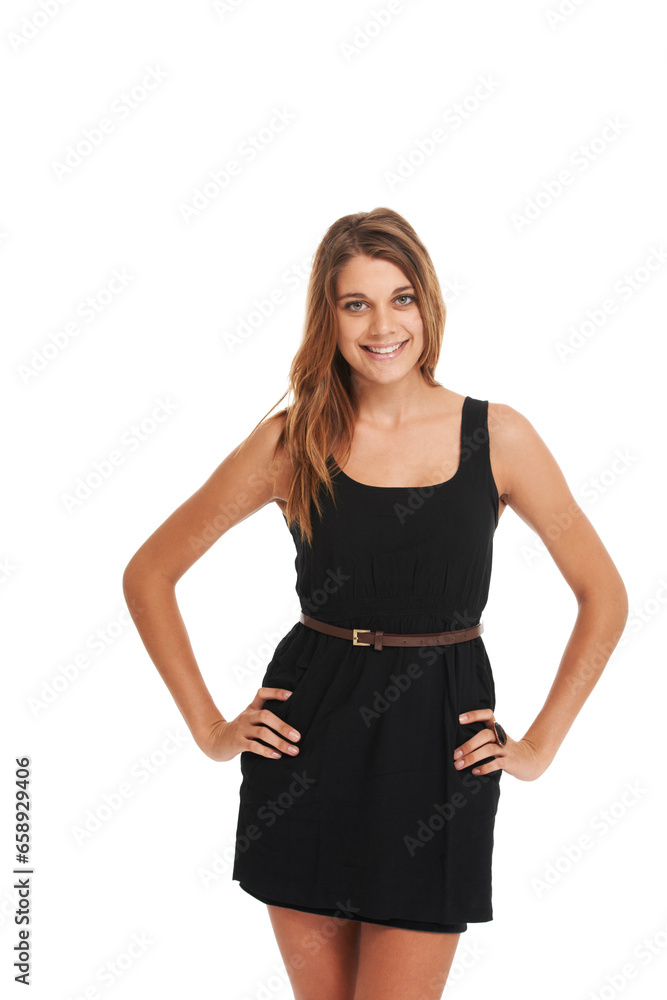 Woman, smile or hands hip pose studio for fashion outfit advertising, branding promotion or beauty magazine promo. female model person, portrait or happy emoji face, runway or clothes style confident