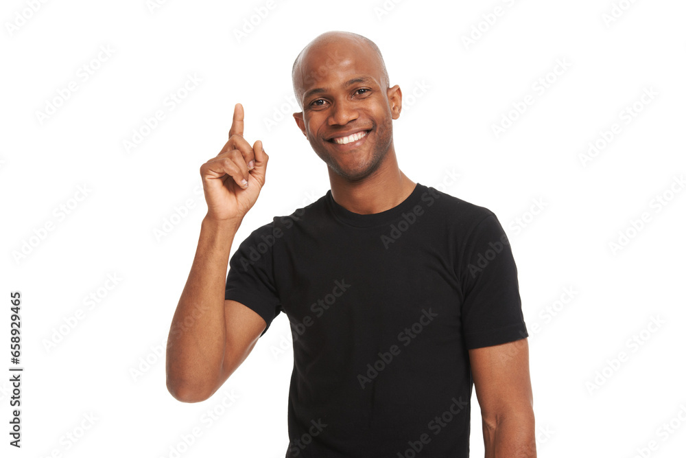 Man, smile and finger for idea with pointing up, studio and announcement for portrait on white background. African person, fashion aesthetic and advertising with happiness in mockup for casual look