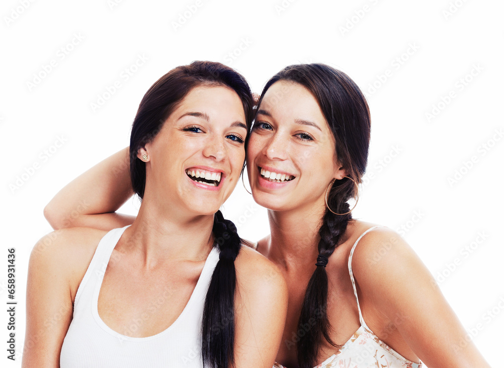 Women, sisters and portrait studio smile for sibling love, family bonding or happy connection. Female model person, face and t-shirt laugh quality time together friendship for mockup, hug or relax