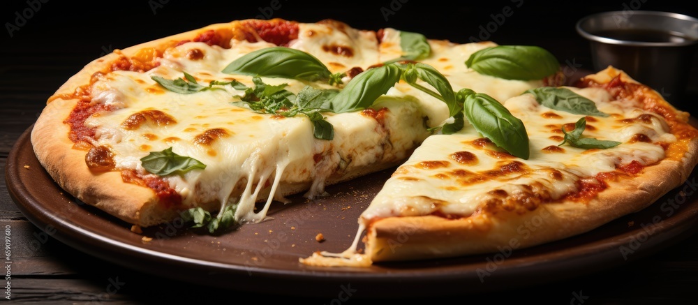 Hot Italian pizza with stretchy cheese becomes Pizza four cheeses with basil