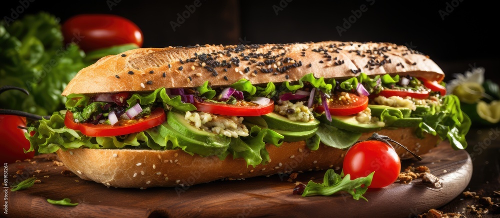 Healthy vegan sandwich on a whole grain long baguette with lettuce avocado tomato and cheese perfect for a quick and nutritious snack on the go