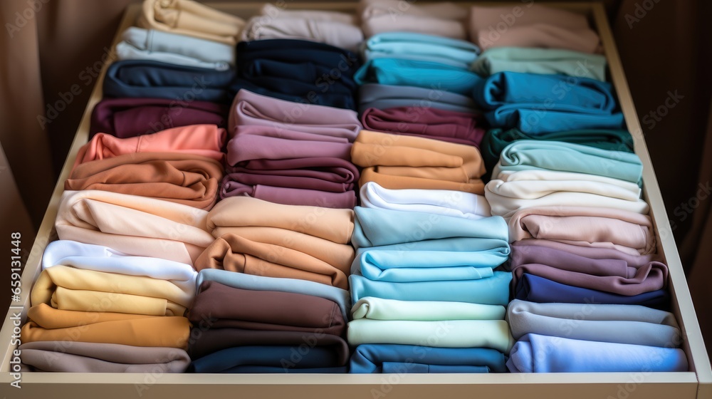 Shot of neatly folded clothes in color order inside a clear drawer.