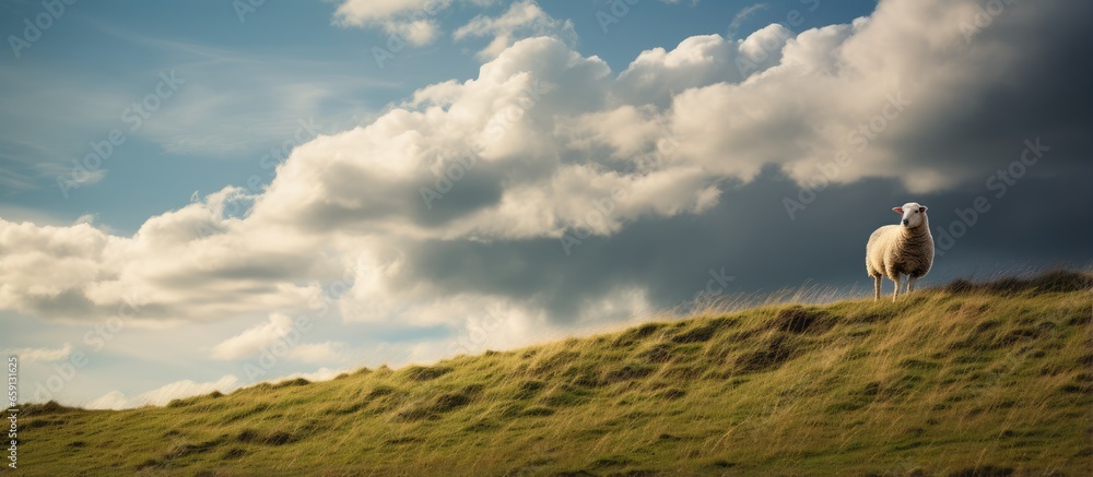 A lone sheep against cloudy sky with ample space for text