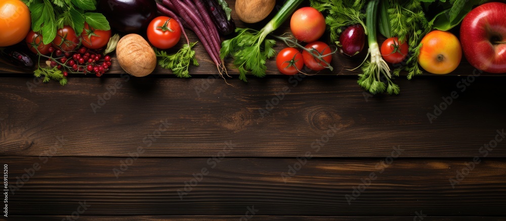 Eco friendly business concept featuring organic food from natural farms on wooden background with space for text logo