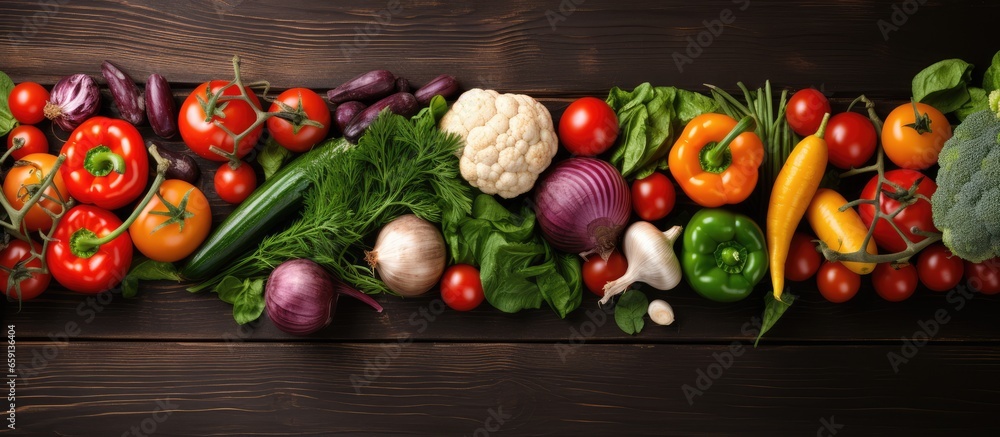 Fresh organic vegetables on rustic wood background Healthy food on table with space Cooking ingredients top view mockup for recipe or menu