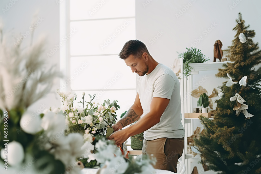 Attractive man florist creating natural Christmas winter decor in flower shop. Small business