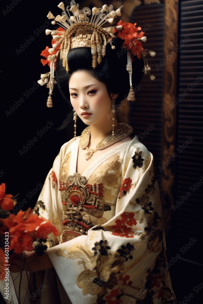 Beautiful bride wearing Japanese noble ceremonial dress.