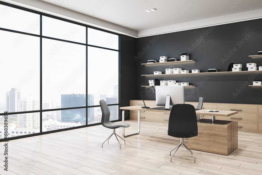 Clean wooden and concrete office interior with furniture, bookshelves with books, window with city view and daylight. Work and education concept. 3D Rendering.