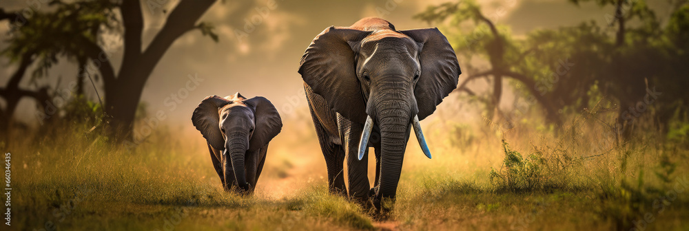 Mother elephant with calf in golden Savannah