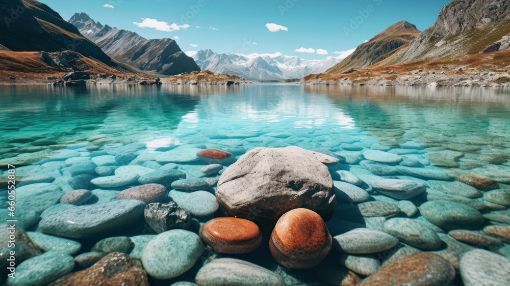 Beautiful mountain lake with clear water and stones in the foreground. Landscape with high mountains.
