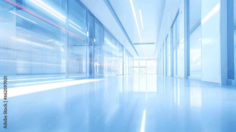 Abstract defocused blurred technology space background, empty business corridor or shopping mall. Medical and hospital corridor defocused background with modern laboratory