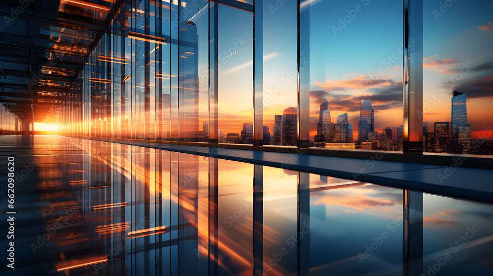 Reflective skyscrapers, business office buildings. low angle view of skyscrapers in city, sunset. Business wallpaper with modern high-rises with mirrored windows.