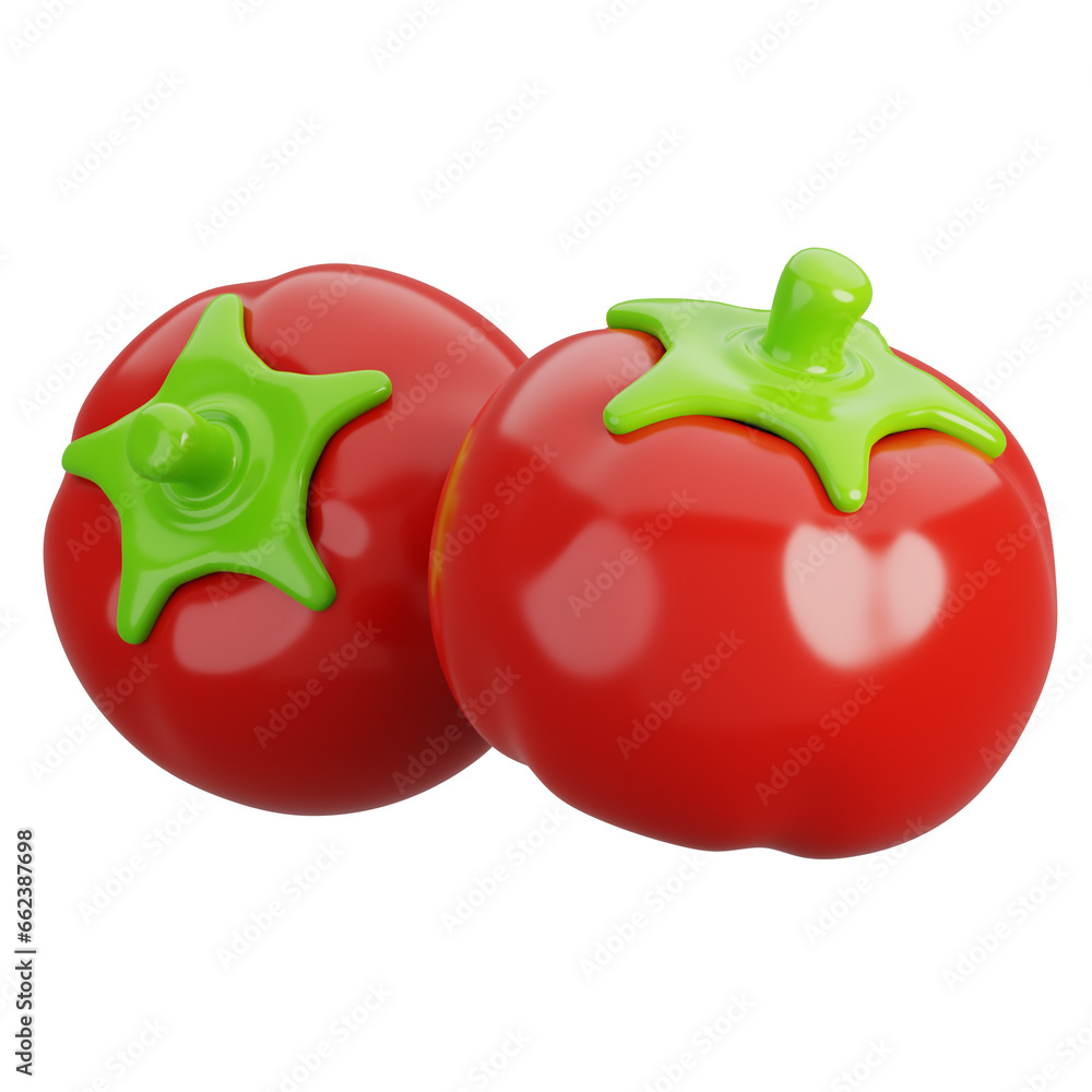 Cartoon fresh two red tomatoes vegetable isolated on white. 3d render illustration.