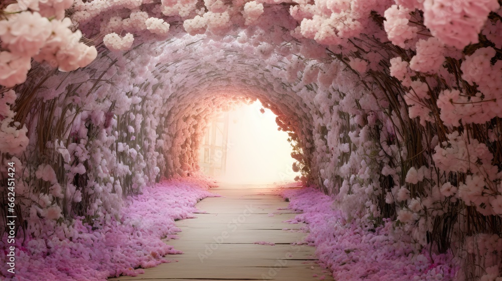  a tunnel of pink flowers with a light at the end.  generative ai