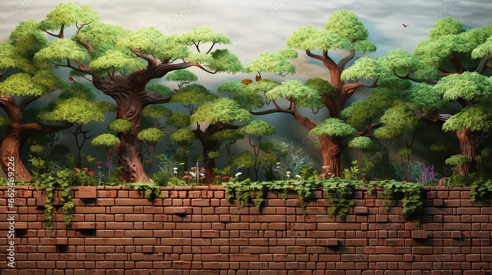  a painting of a brick wall with trees and bushes on it.  generative ai