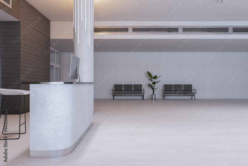Side view of modern office interior with reception desk, columns, curtain and white flooring. 3D Rendering.