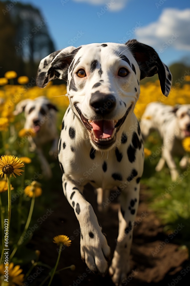 Dalmatian dog running through field of yellow flowers.