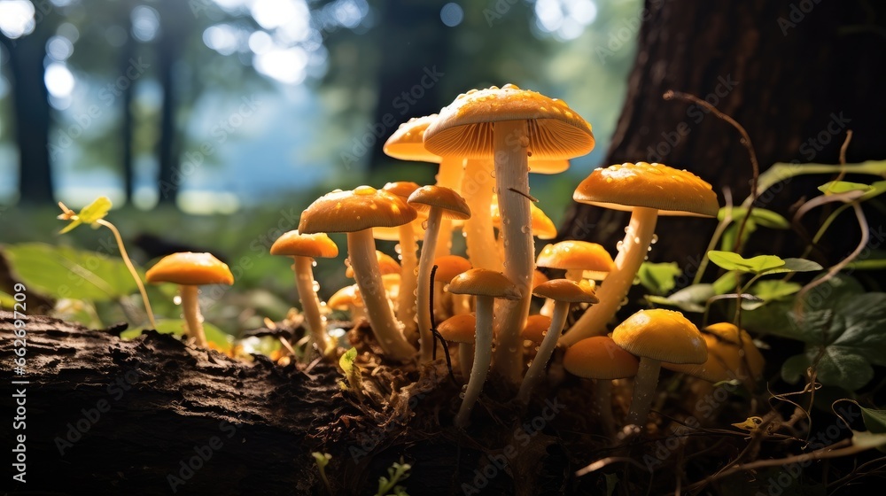 Orange jack o lantern mushrooms cluster, Pancake mushroom.