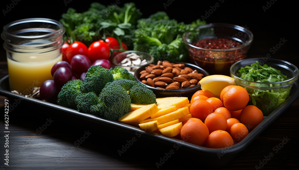 Freshness and variety on a wooden table, healthy vegetarian gourmet meal generated by AI