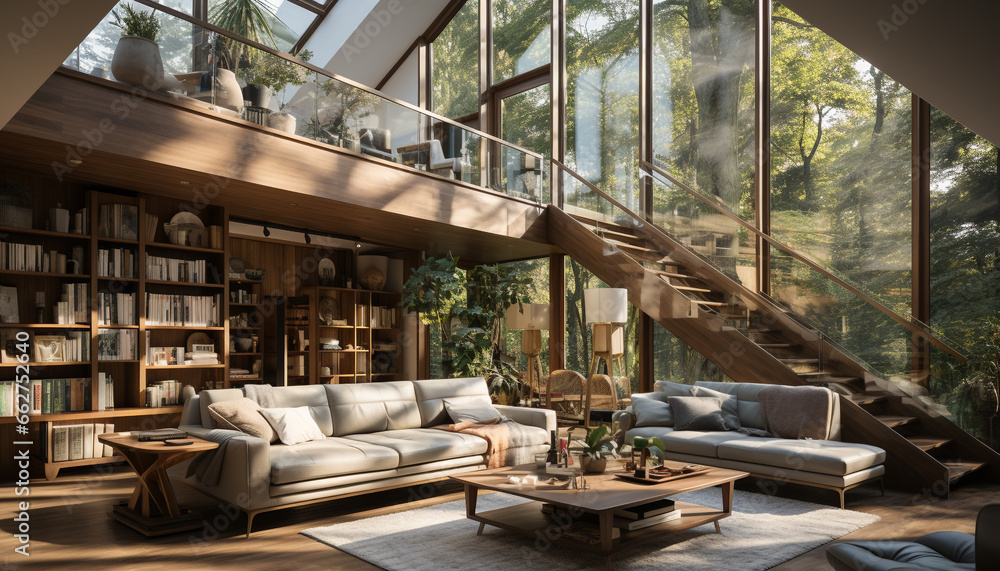 Modern indoors, sofa, domestic room, home interior, table, architecture, lifestyles, living room, wood, window generated by AI