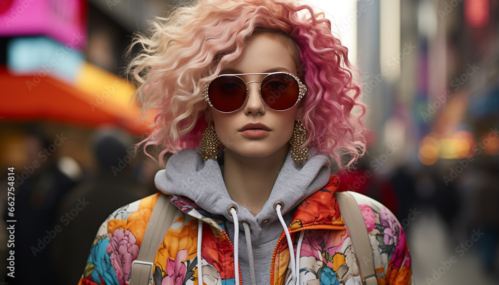 Fashionable Caucasian woman in sunglasses walking in the city, smiling generated by AI