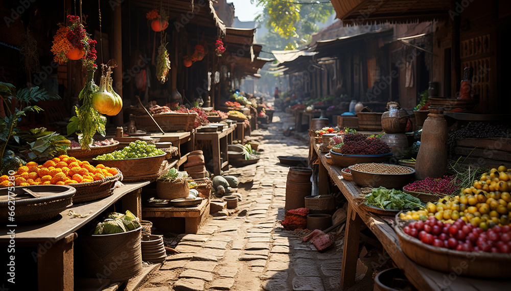 Fresh fruits and vegetables sold at a vibrant street market generated by AI