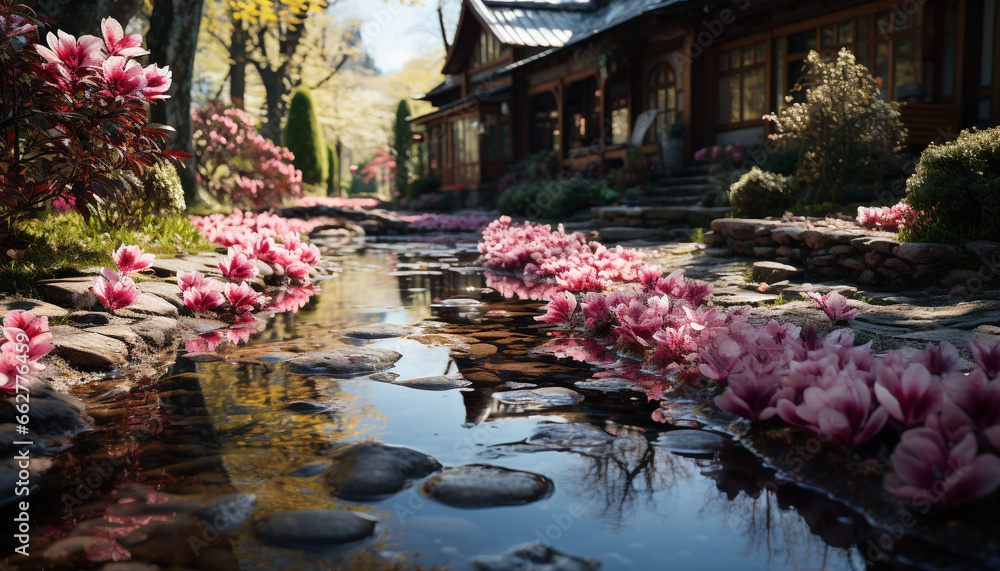 Tranquil scene  Pink tulip blossoms reflect in serene pond water generated by AI