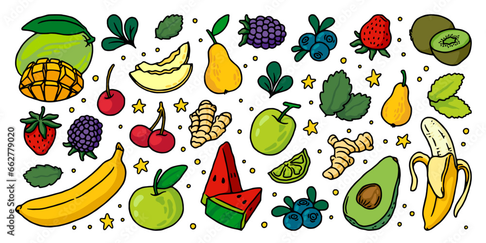 Doodle fruits. Summer apple, strawberry and cherry, orange, banana and blueberry, food. Sweet tropical vitamin products. Hand drawn avocado, watermelon and ginger. Vector cartoon icon isolated set