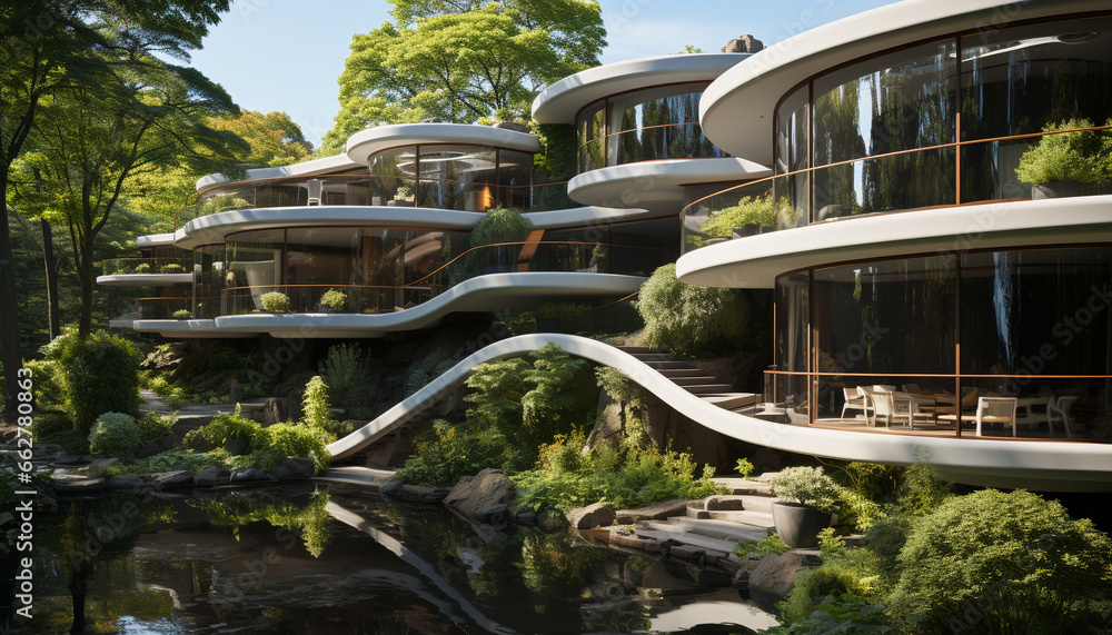Modern architecture reflects in nature reflection, a green summer paradise generated by AI
