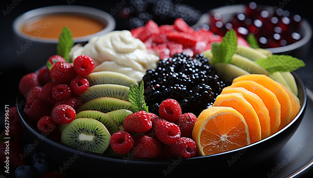Freshness and variety of gourmet berries on a wooden plate generated by AI