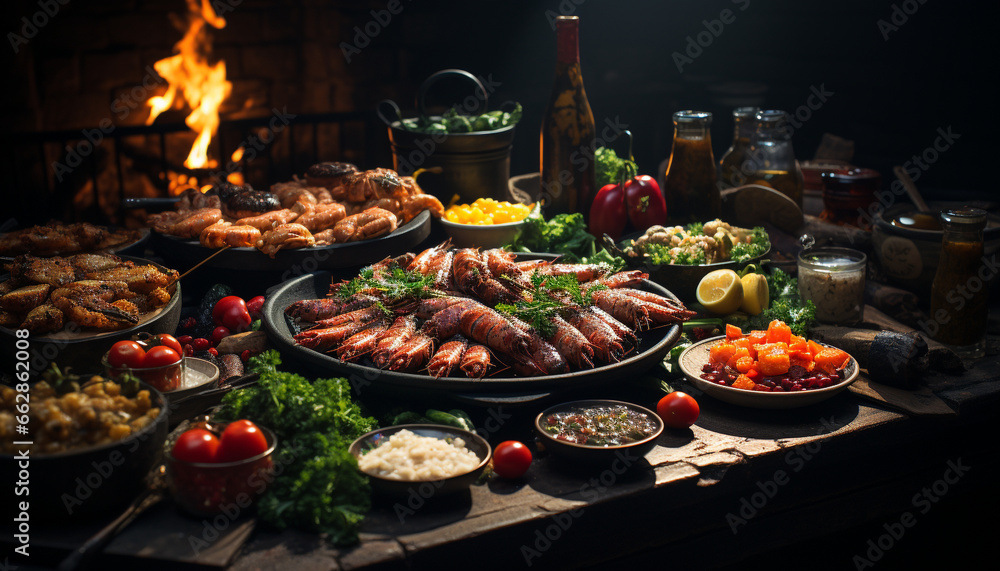 Grilled meat, seafood, and vegetables on a rustic picnic table generated by AI