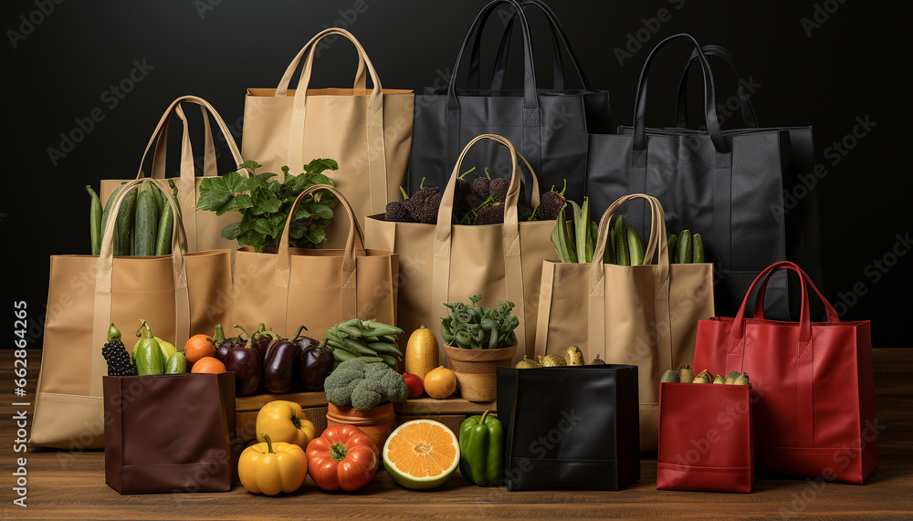 A reusable bag carrying a variety of fresh groceries generated by AI