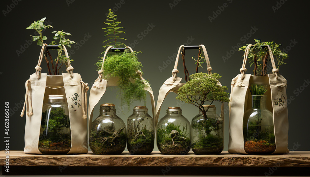 Fresh green leaves grow in a plant bag, symbolizing nature growth generated by AI