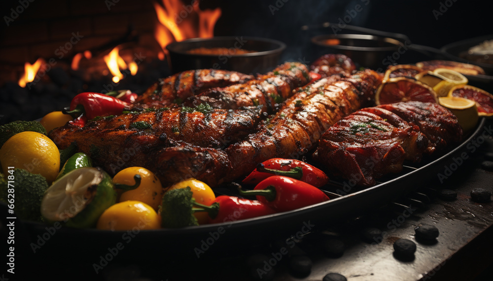 Grilled meat, tomato, flame, heat, gourmet, coal, cooking, freshness, beef generated by AI