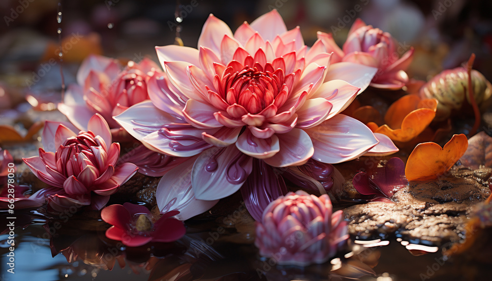 Vibrant lotus water lily blossoms in a formal garden pond generated by AI
